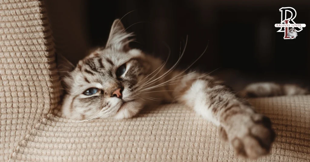 Lynx Ragdoll Cat is sitting on sofa